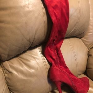Super sexy red suede thigh high pumps.
